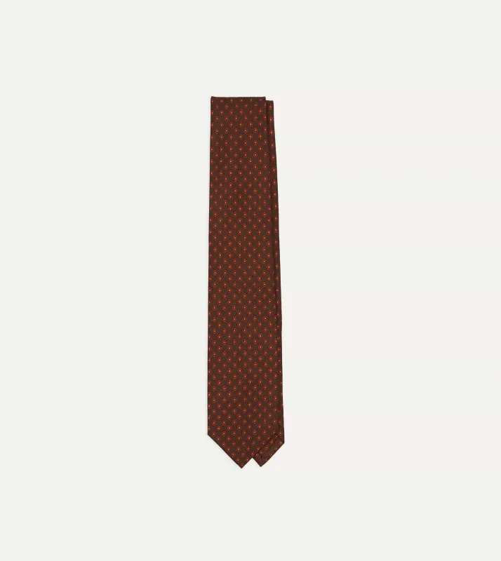 Brown Square Flower Print Silk Self-Tipped Tie made by Drake's London