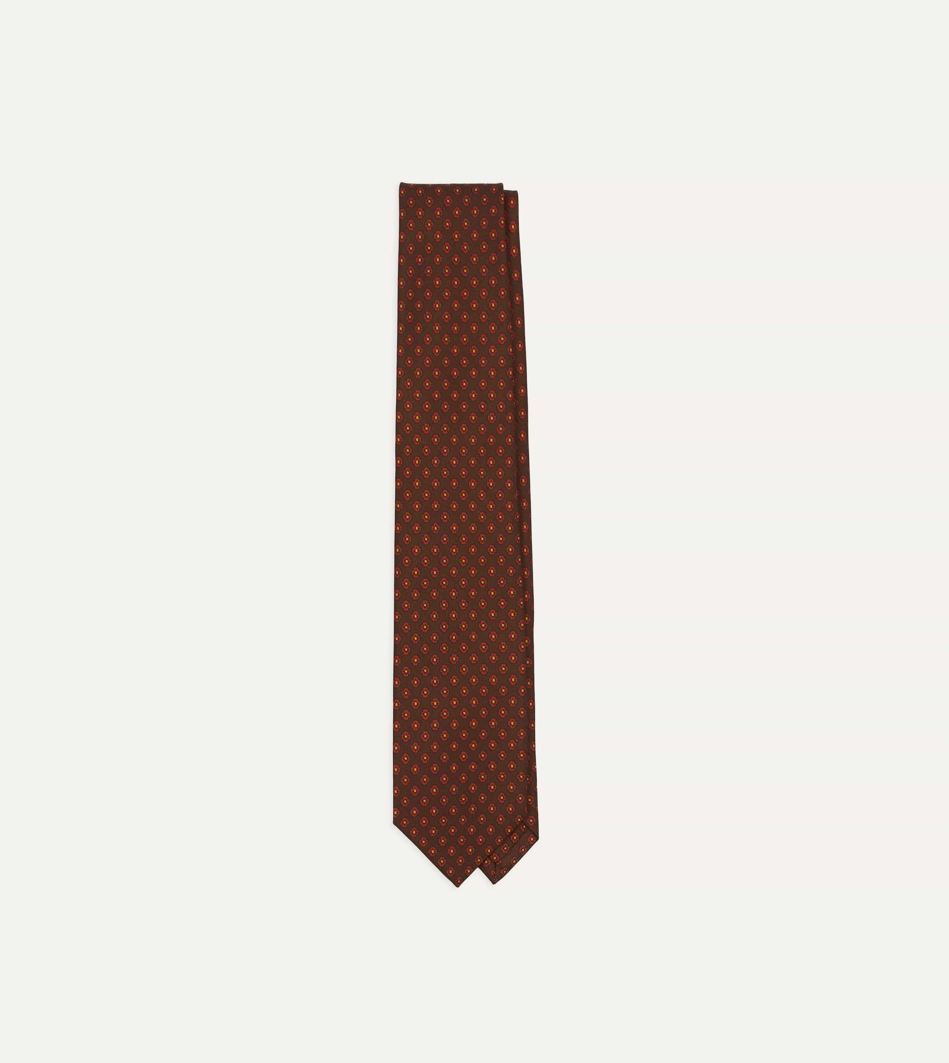 Brown Square Flower Print Silk Self-Tipped Tie sold by Drake's London