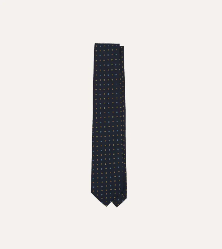 Navy Geometric Flower Print Silk Self-Tipped Tie made by Drake's London