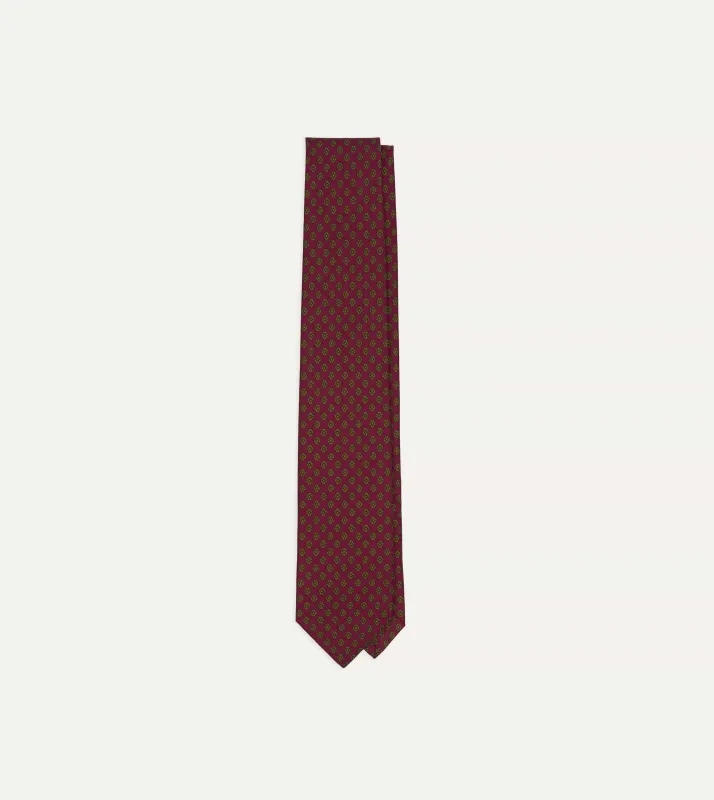 Magenta Square Flower Print Silk Self-Tipped Tie made by Drake's London