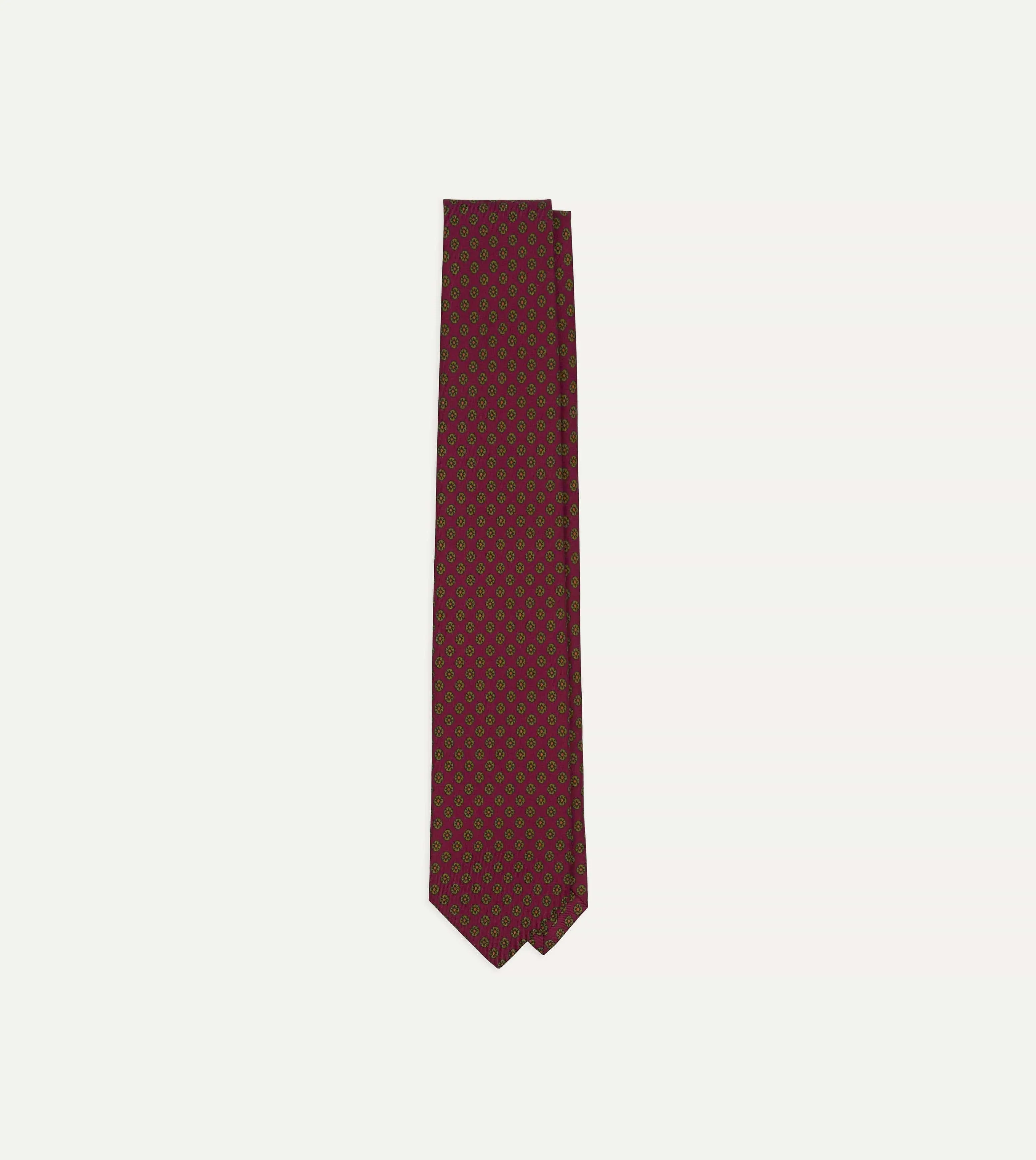 Magenta Square Flower Print Silk Self-Tipped Tie sold by Drake's London