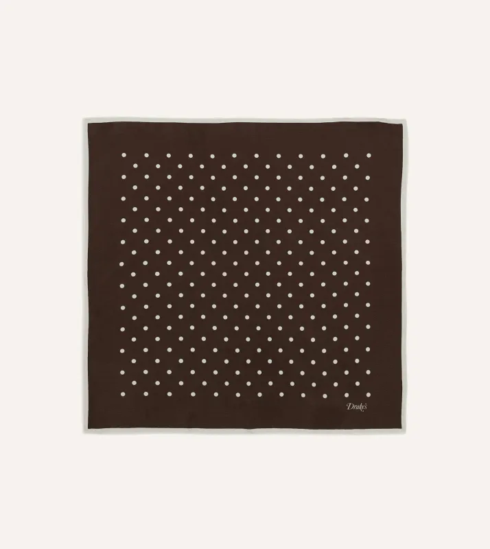 Brown Polka Dot Print Silk Pocket Square made by Drake's London