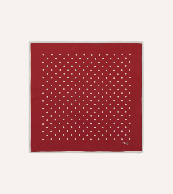 Red Polka Dot Print Silk Pocket Square made by Drake's London