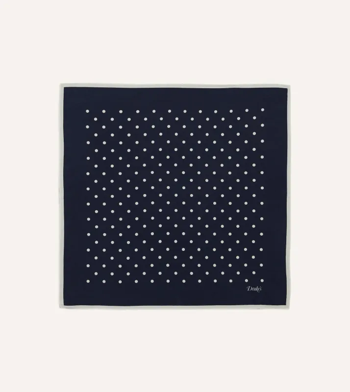 Navy Polka Dot Print Silk Pocket Square made by Drake's London