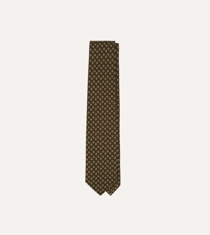 Brown Dotted Square Print Silk Self-Tipped Tie made by Drake's London
