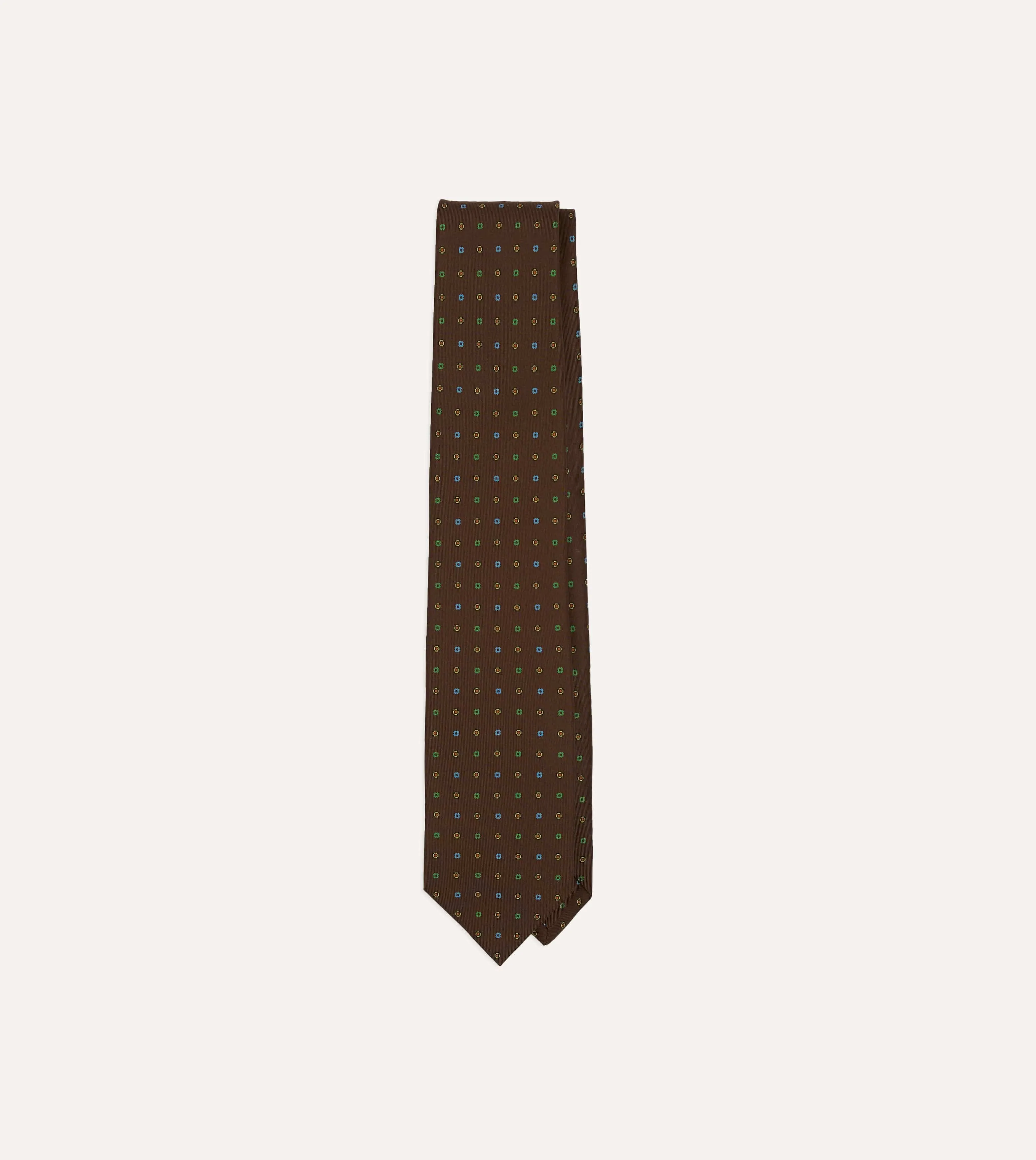 Brown Geometric Flower Print Silk Self-Tipped Tie sold by Drake's London