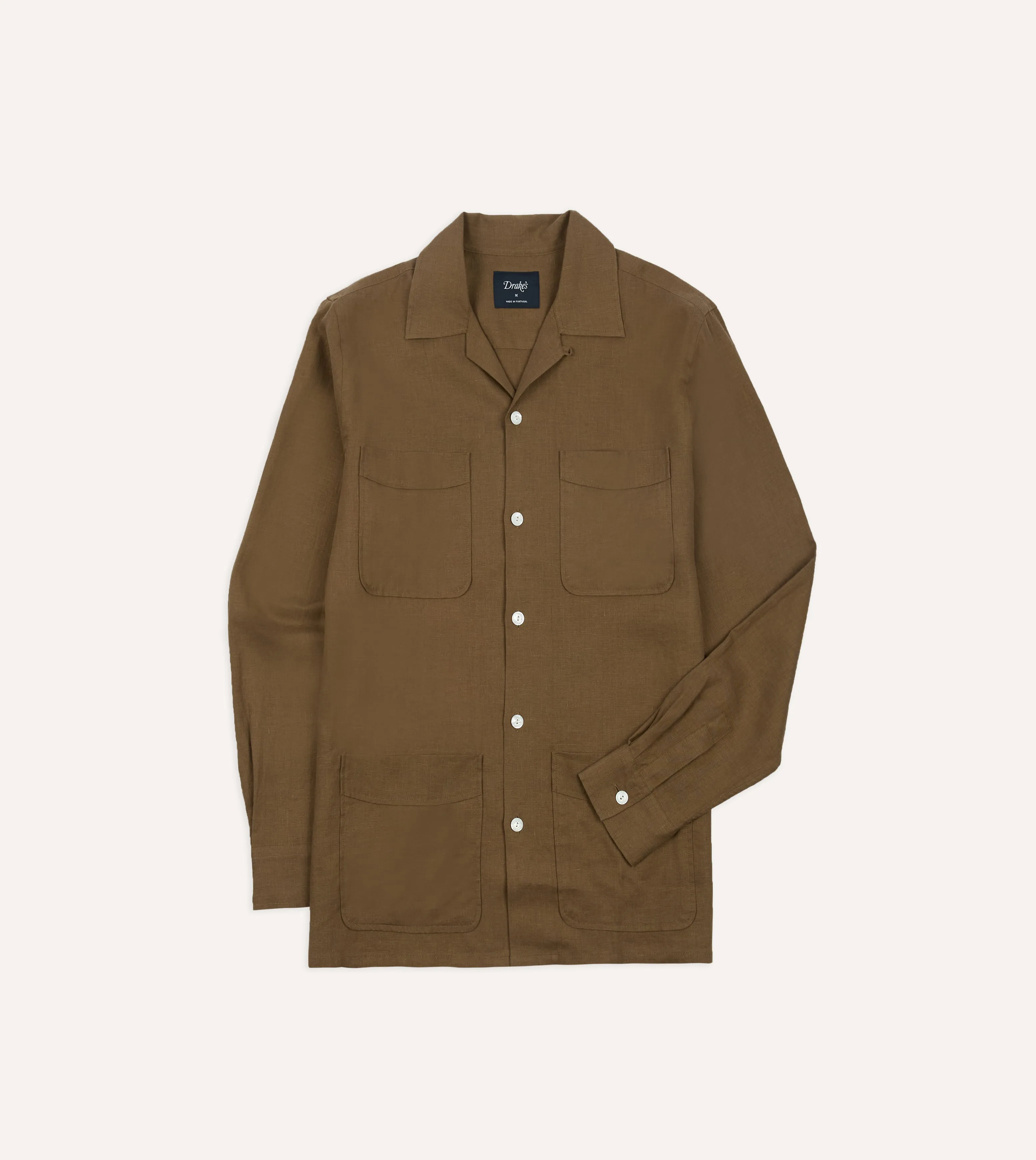 Khaki Linen Four-Pocket Camp Collar Work Shirt sold by Drake's London