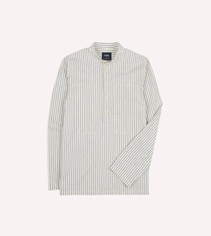 Indigo Stripe Cotton Mandarin Collar Popover Shirt made by Drake's London