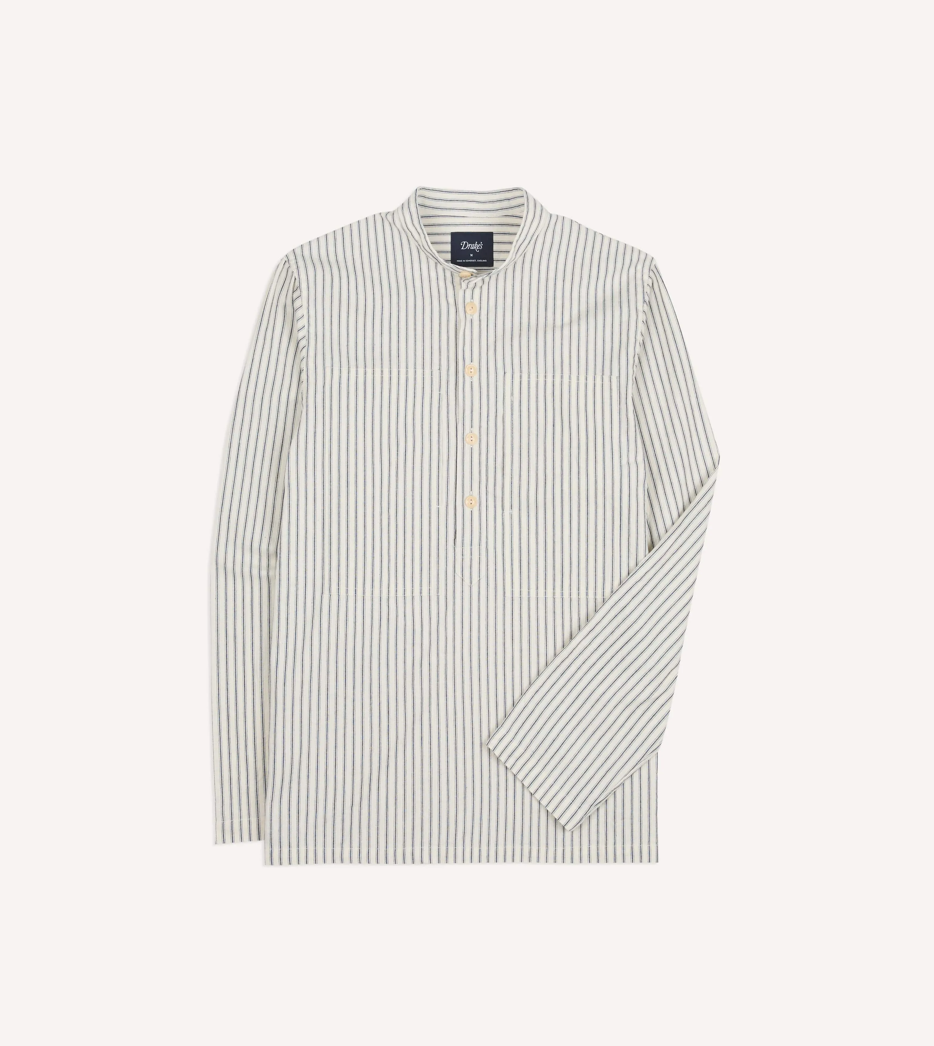 Indigo Stripe Cotton Mandarin Collar Popover Shirt sold by Drake's London