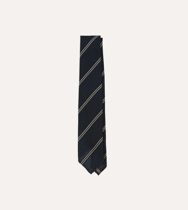 Navy and Ecru Bar Stripe Hand Rolled Silk Grenadine Tie made by Drake's London