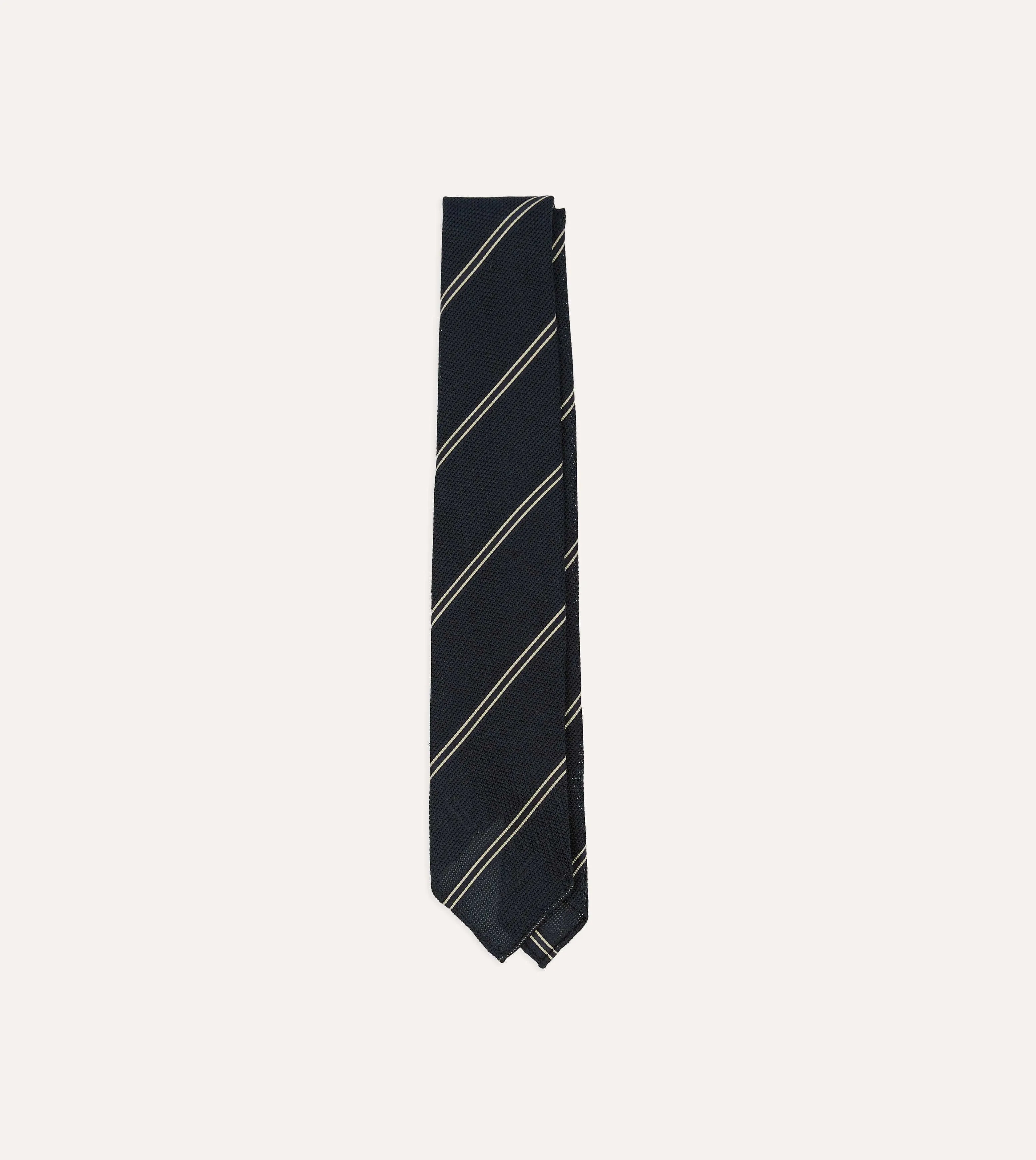 Navy and Ecru Bar Stripe Hand Rolled Silk Grenadine Tie sold by Drake's London