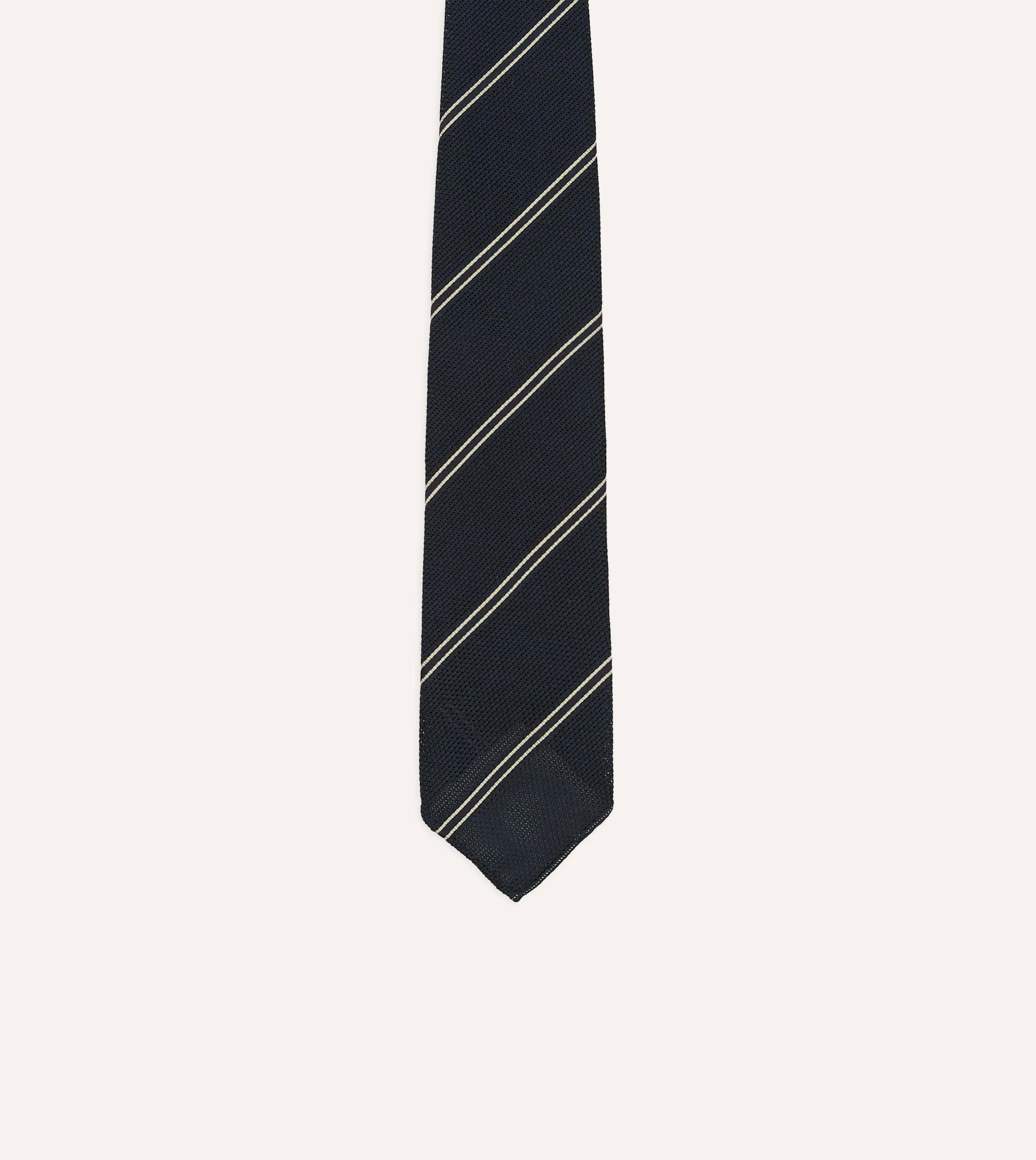 Navy and Ecru Bar Stripe Hand Rolled Silk Grenadine Tie sold by Drake's London product image thumbnail 3