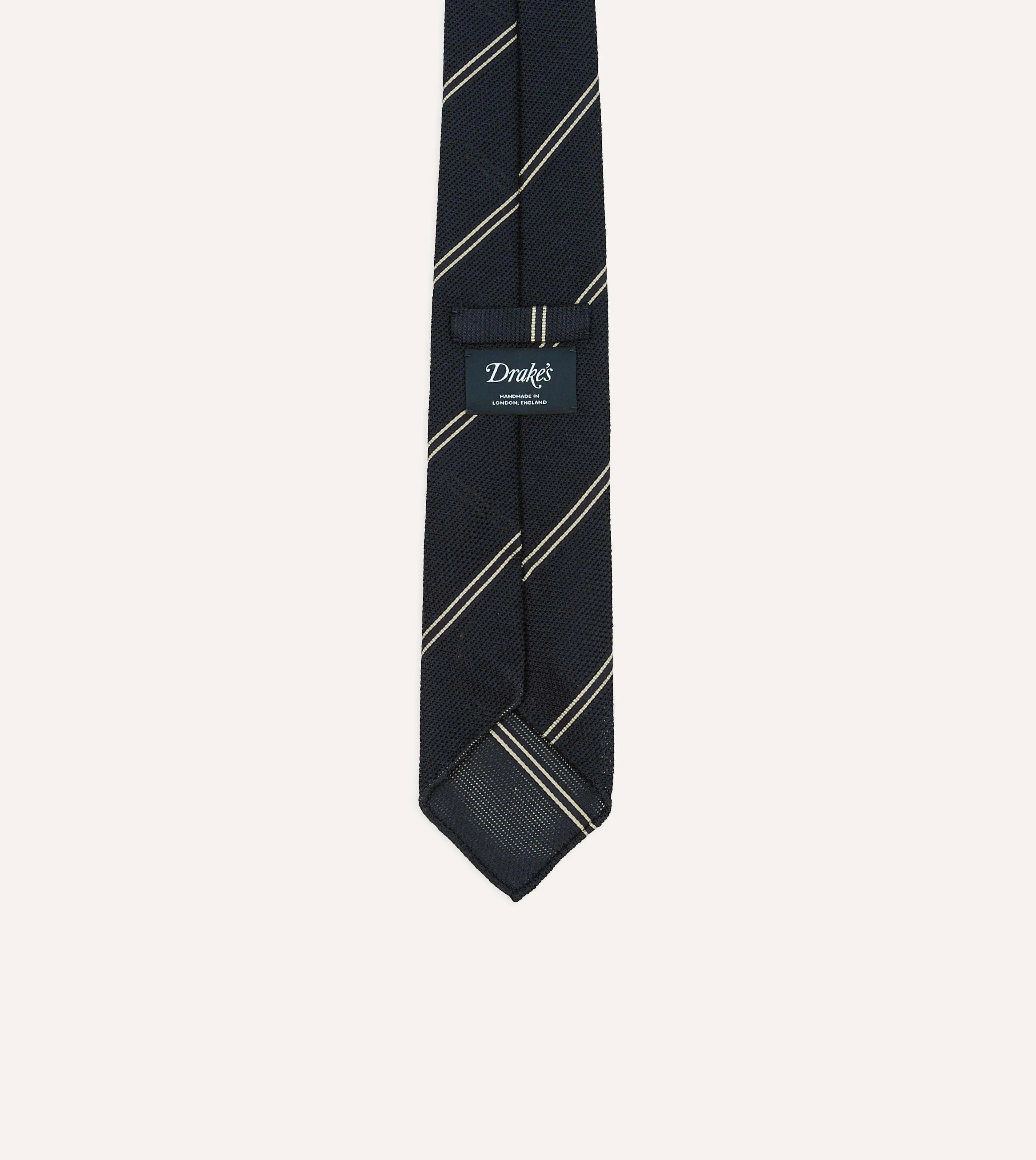 Navy and Ecru Bar Stripe Hand Rolled Silk Grenadine Tie sold by Drake's London product image thumbnail 4