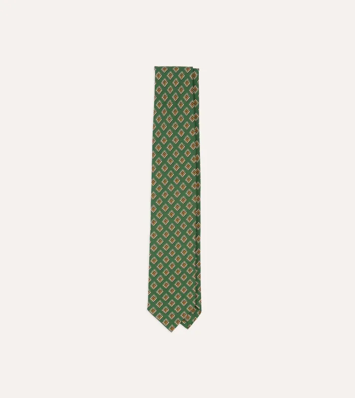 Green Tile Medallion Print Silk Self Tipped Tie made by Drake's London