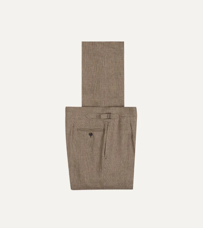Brown Prince of Wales Check Linen Single Pleat Trouser made by Drake's London