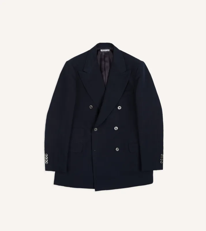 Navy Linen-Cotton Double-Breasted Tailored Jacket made by Drake's London