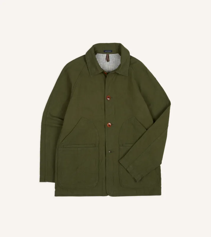 Green Cotton-Linen Raglan Work Coat made by Drake's London