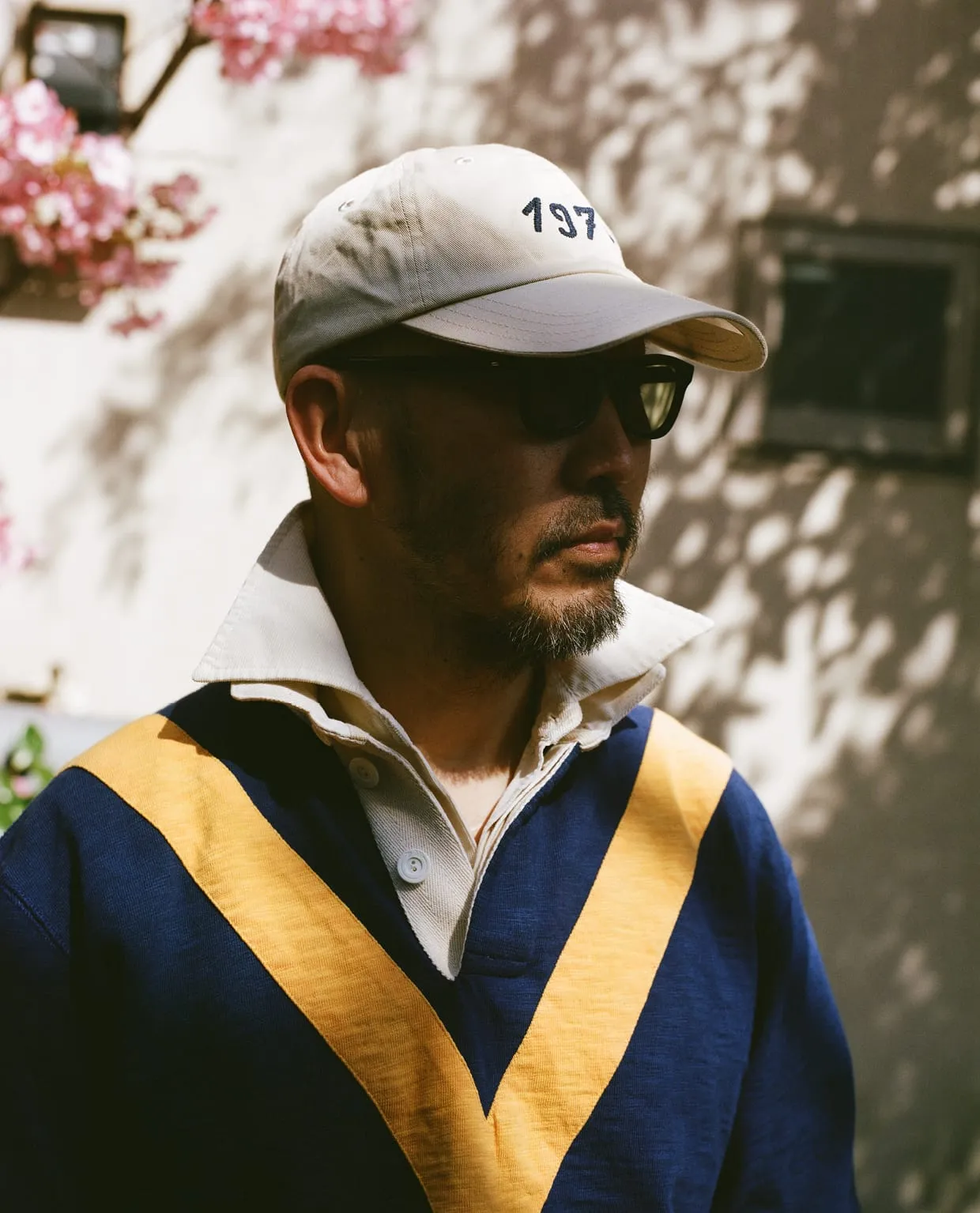 Navy and Yellow Chevron Flamé Cotton Rugby Shirt sold by Drake's London