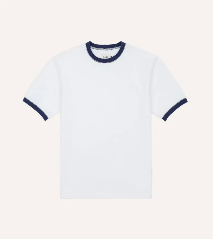White and Navy Tipped Ringer T-Shirt made by Drake's London