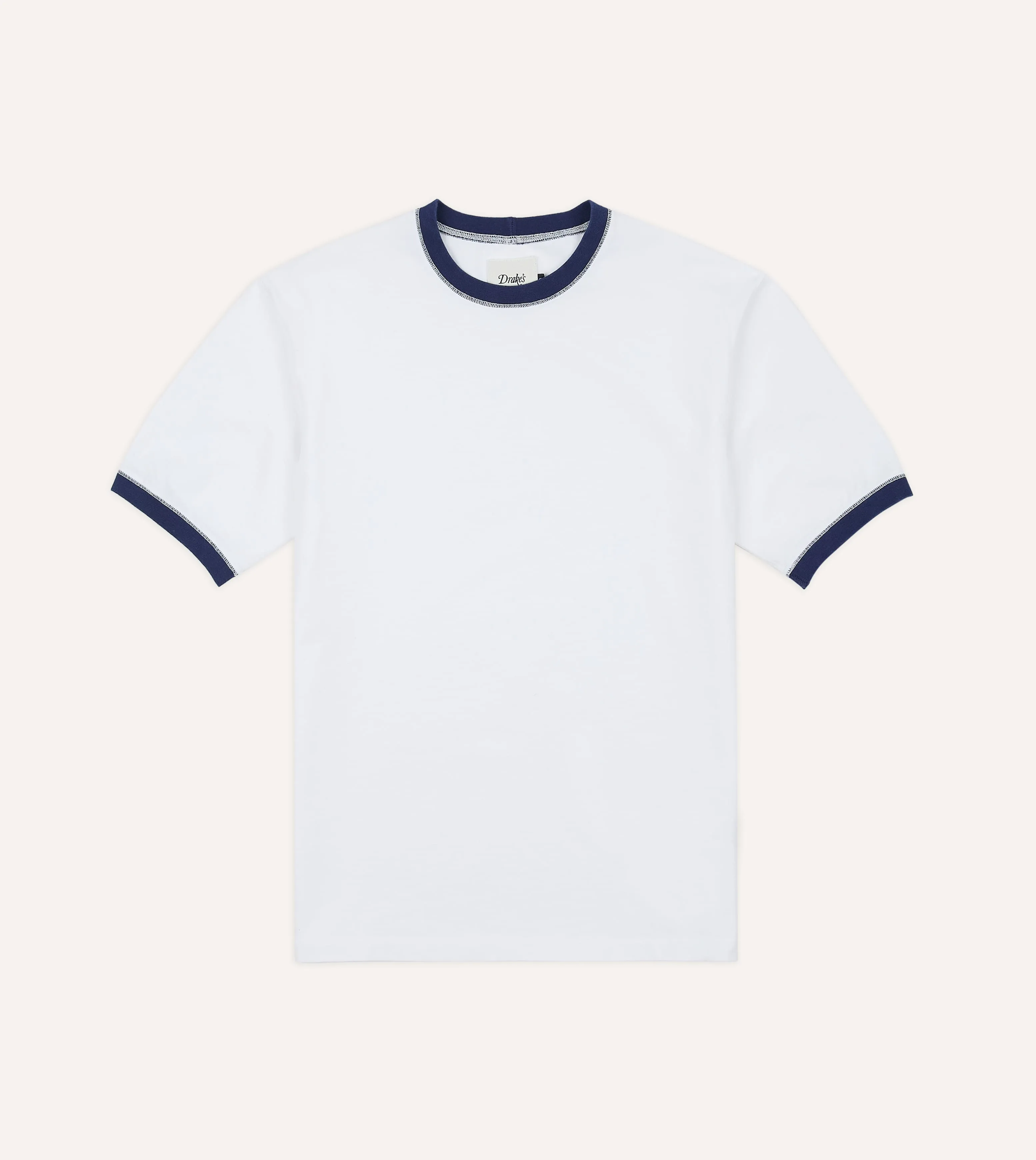 White and Navy Tipped Ringer T-Shirt sold by Drake's London