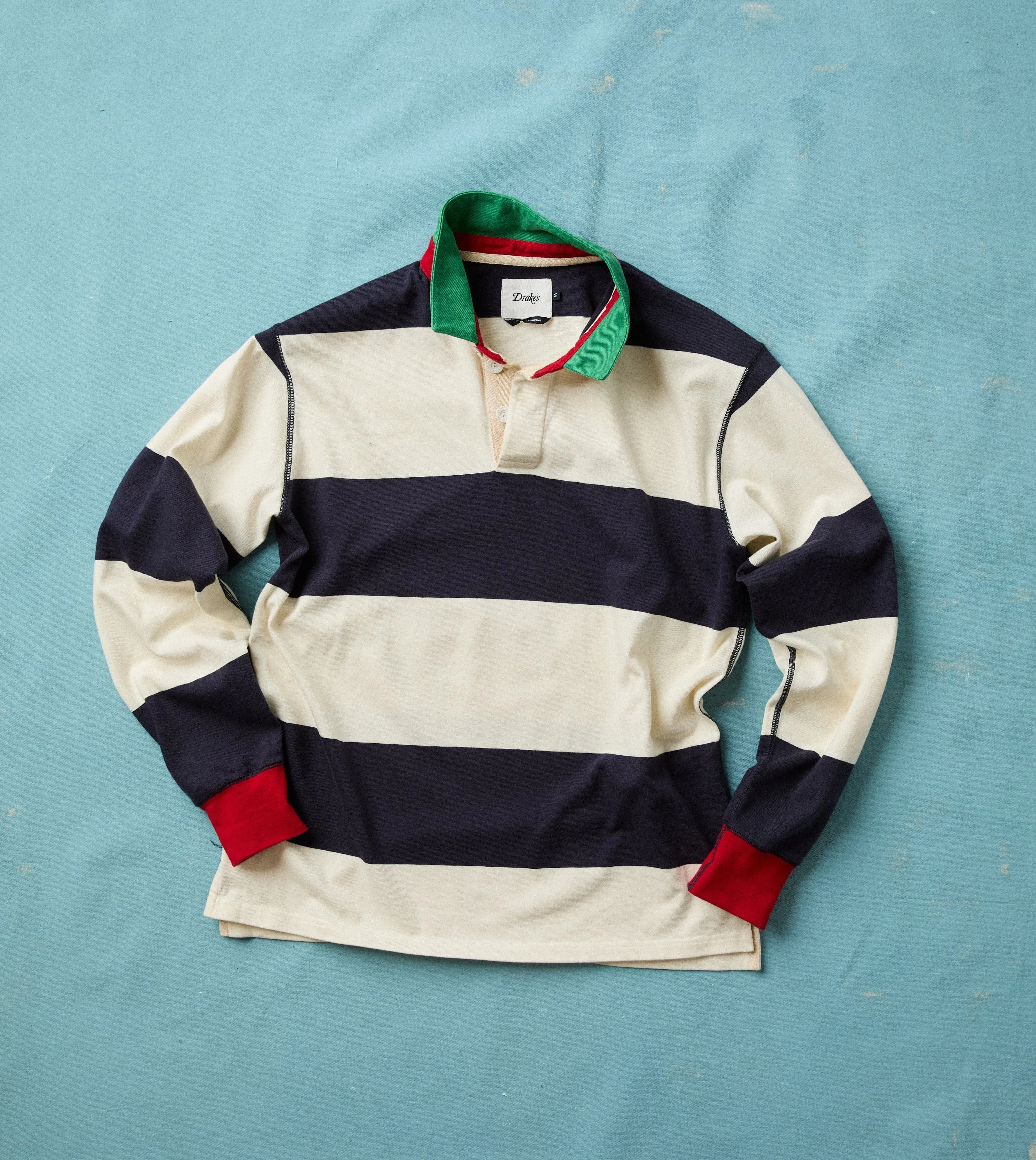 White and Navy Block Stripe Cotton Rugby Shirt sold by Drake's London