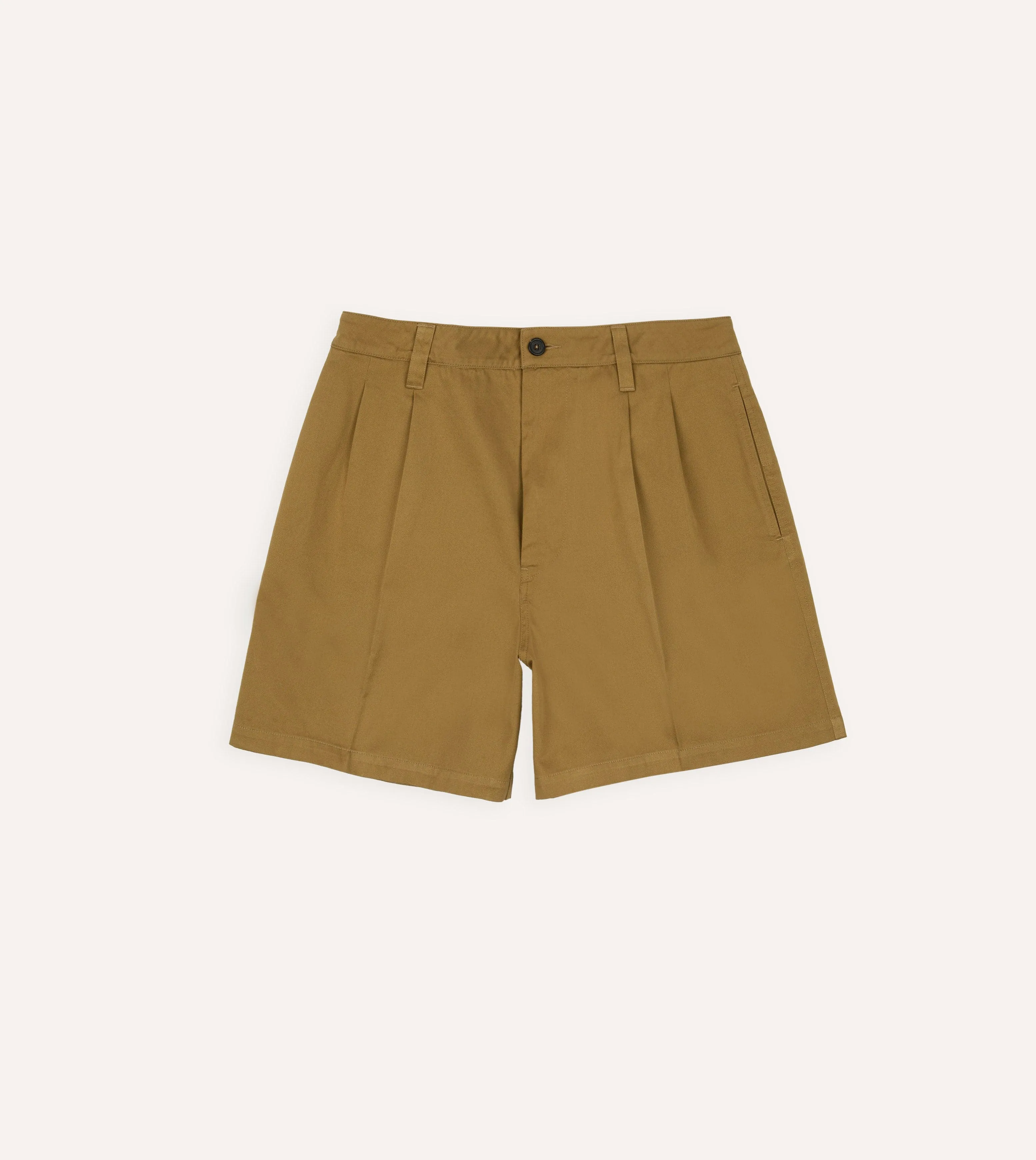 Khaki Cotton Wide Leg Double-Pleat Shorts sold by Drake's London