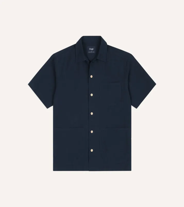 Navy Cotton-Linen Camp Collar Three Pocket Short Sleeve Shirt made by Drake's London