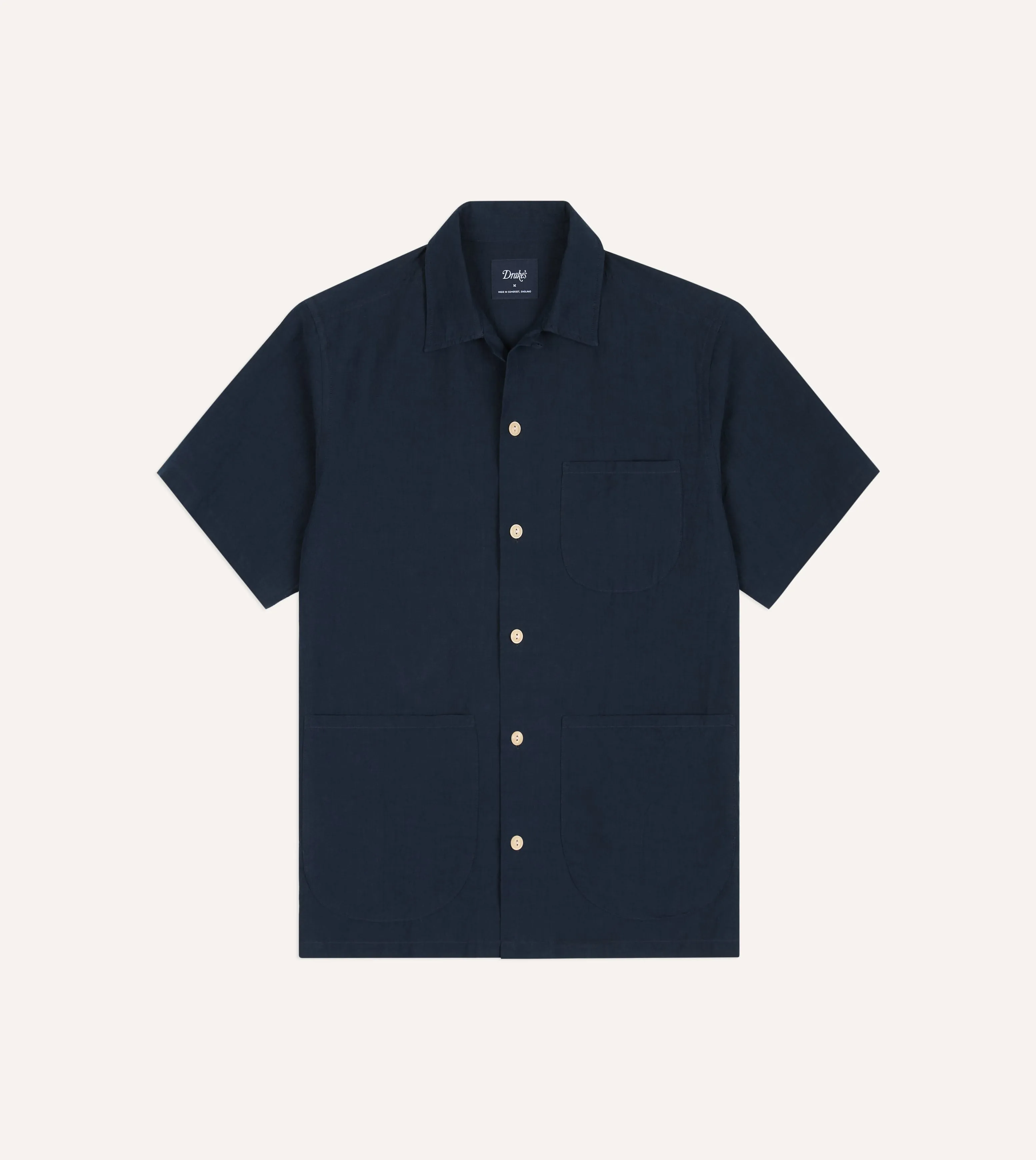 Navy Cotton-Linen Camp Collar Three Pocket Short Sleeve Shirt sold by Drake's London