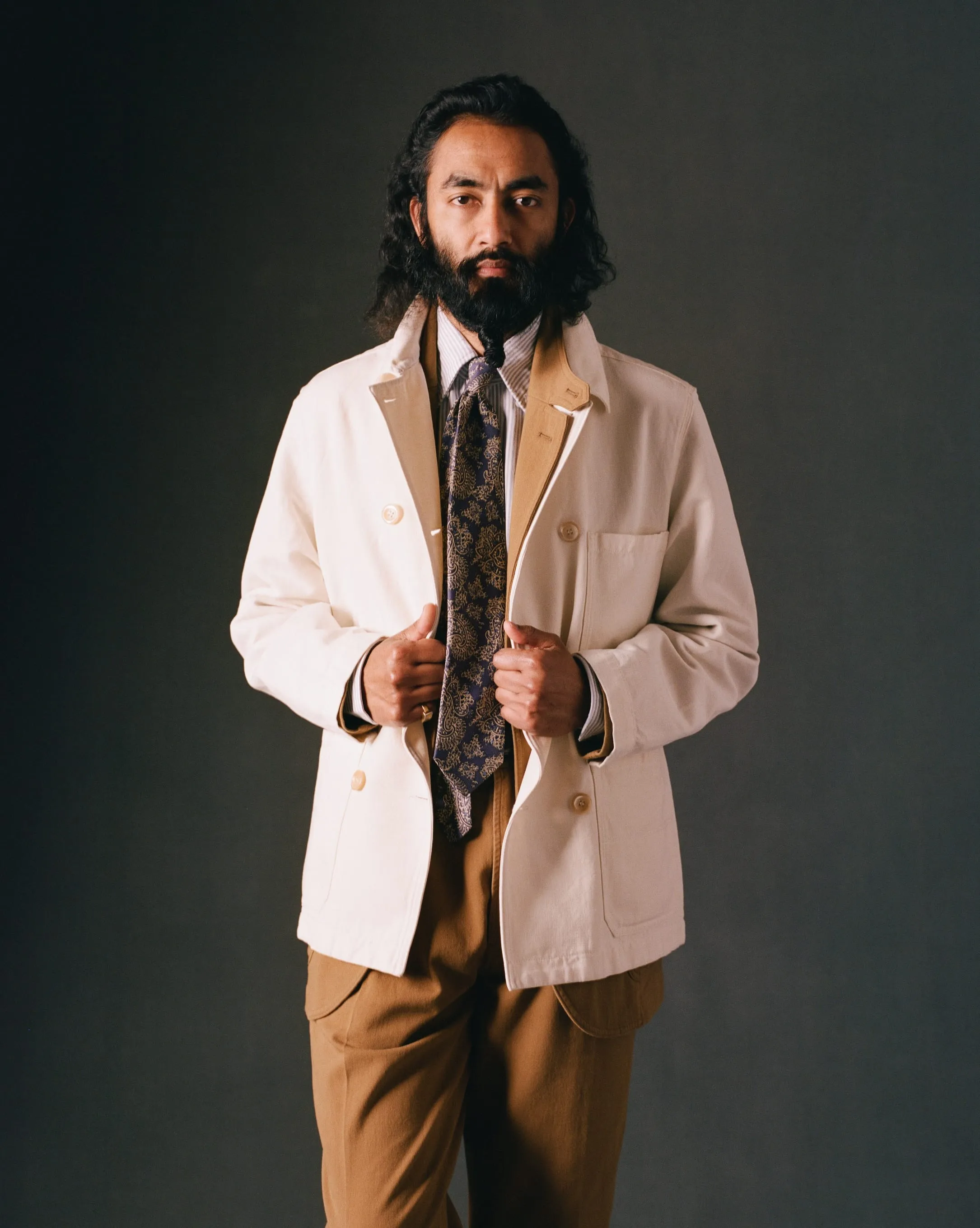 Ecru Cotton-Linen Double-Breasted Chore Coat sold by Drake's London
