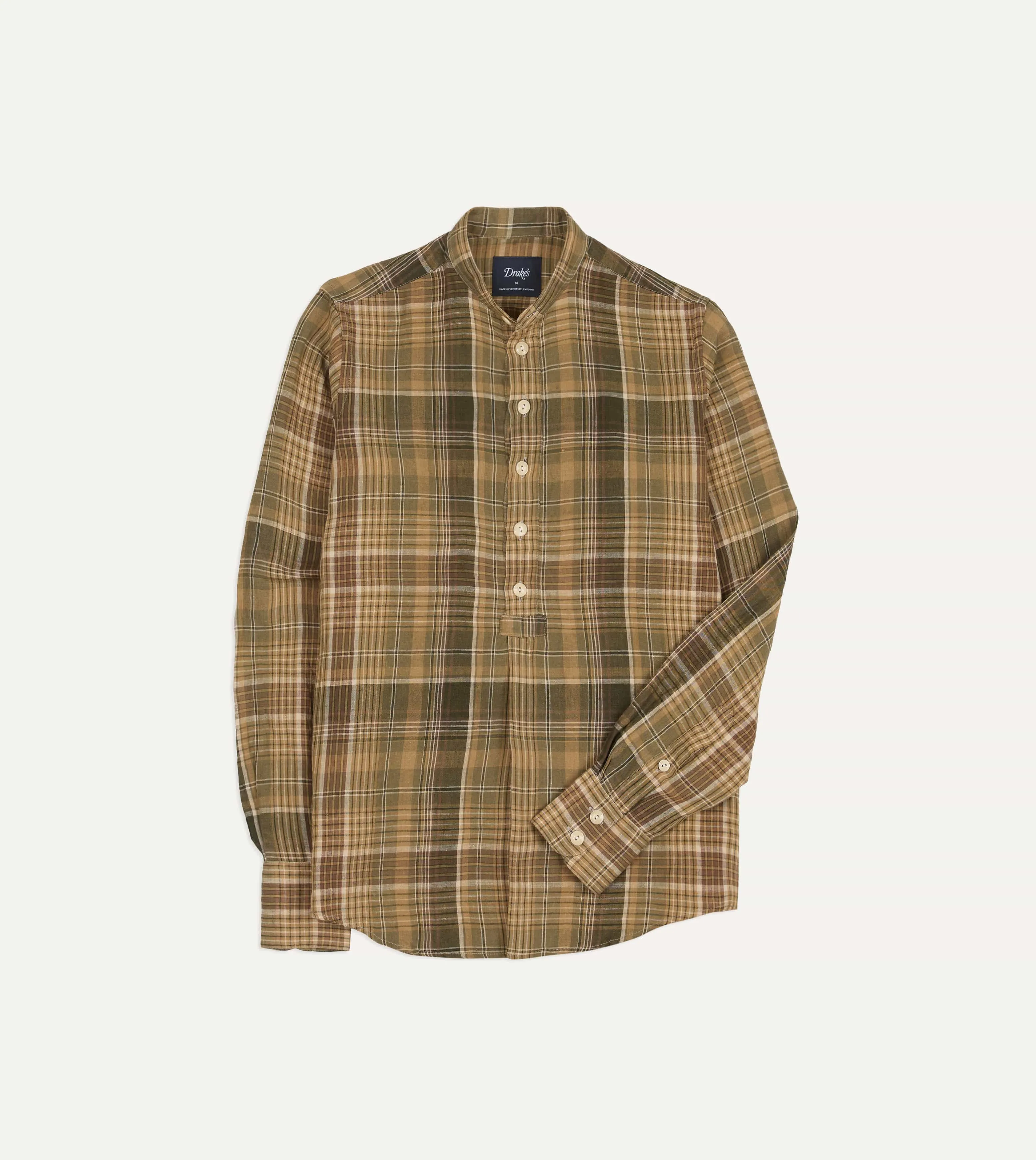 Brown Check Linen Mandarin Collar Popover Shirt sold by Drake's London product image thumbnail 2