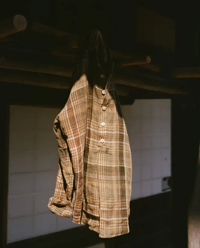 Brown Check Linen Mandarin Collar Popover Shirt made by Drake's London