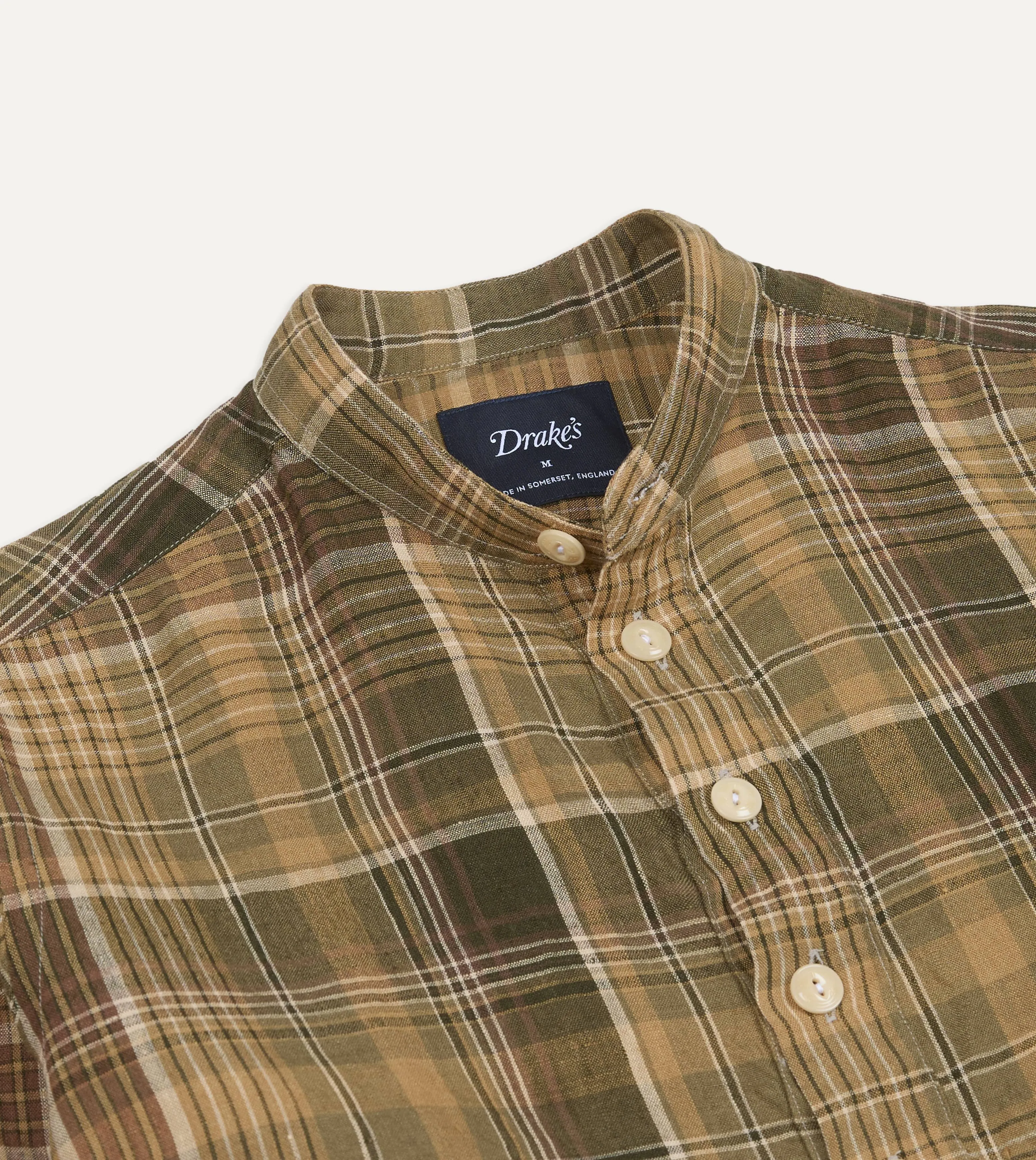 Brown Check Linen Mandarin Collar Popover Shirt sold by Drake's London product image thumbnail 4