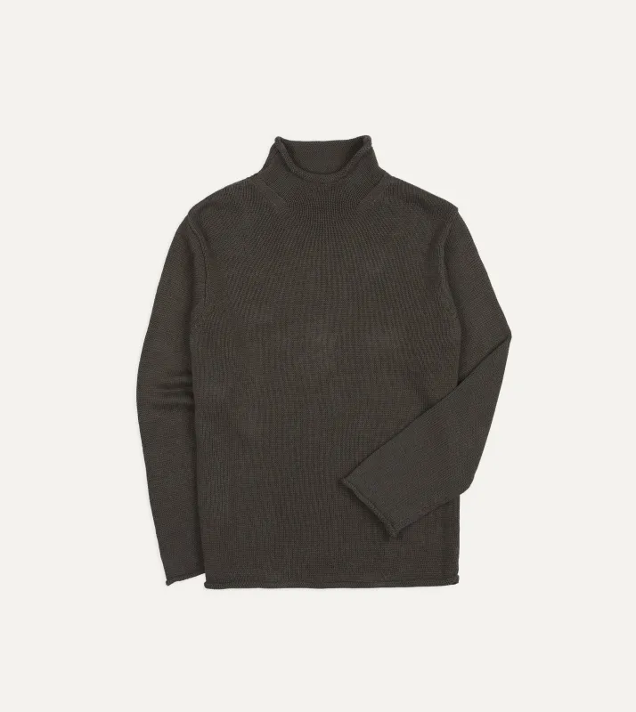 Brown Linen-Cotton Mock Neck Jumper made by Drake's London