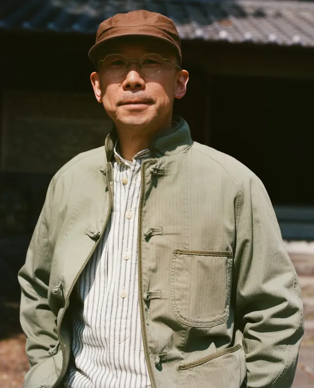 Olive Herringbone Cotton Artist Chore Jacket made by Drake's London