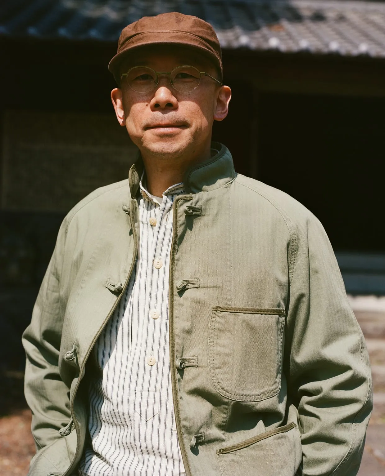 Olive Herringbone Cotton Artist Chore Jacket sold by Drake's London