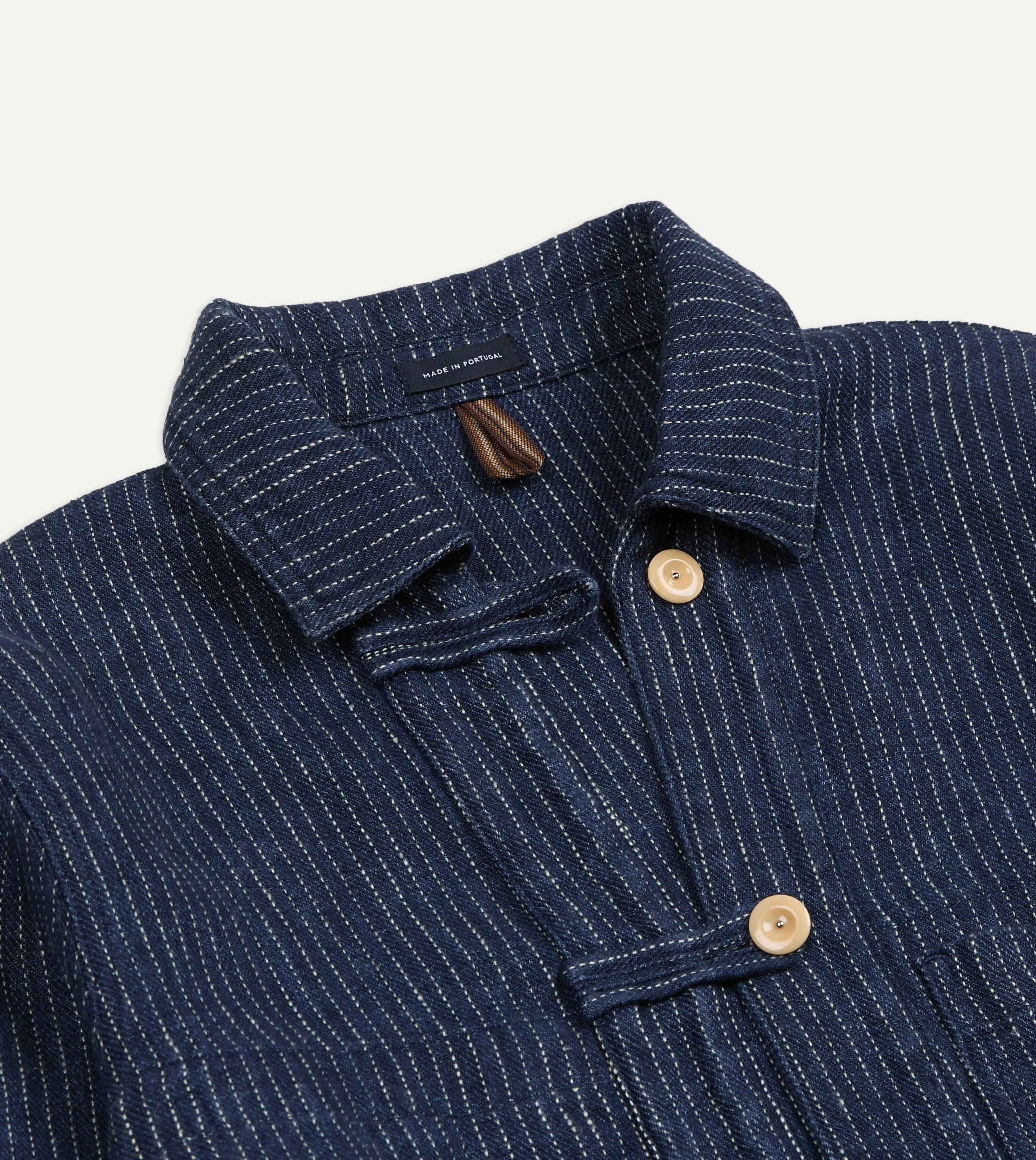Indigo Stripe Linen Loop Button Chore Jacket sold by Drake's London product image thumbnail 4