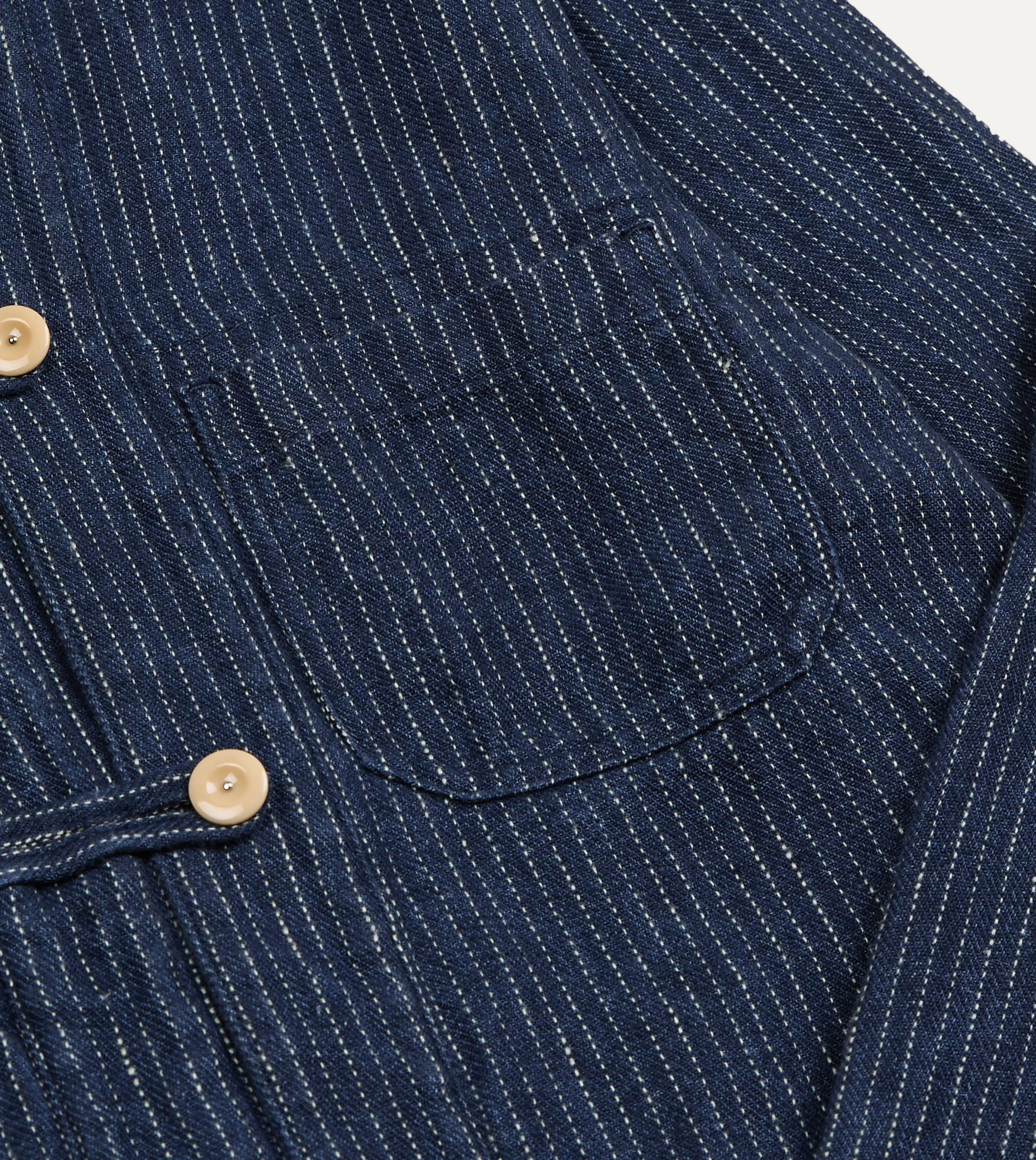 Indigo Stripe Linen Loop Button Chore Jacket sold by Drake's London product image thumbnail 5