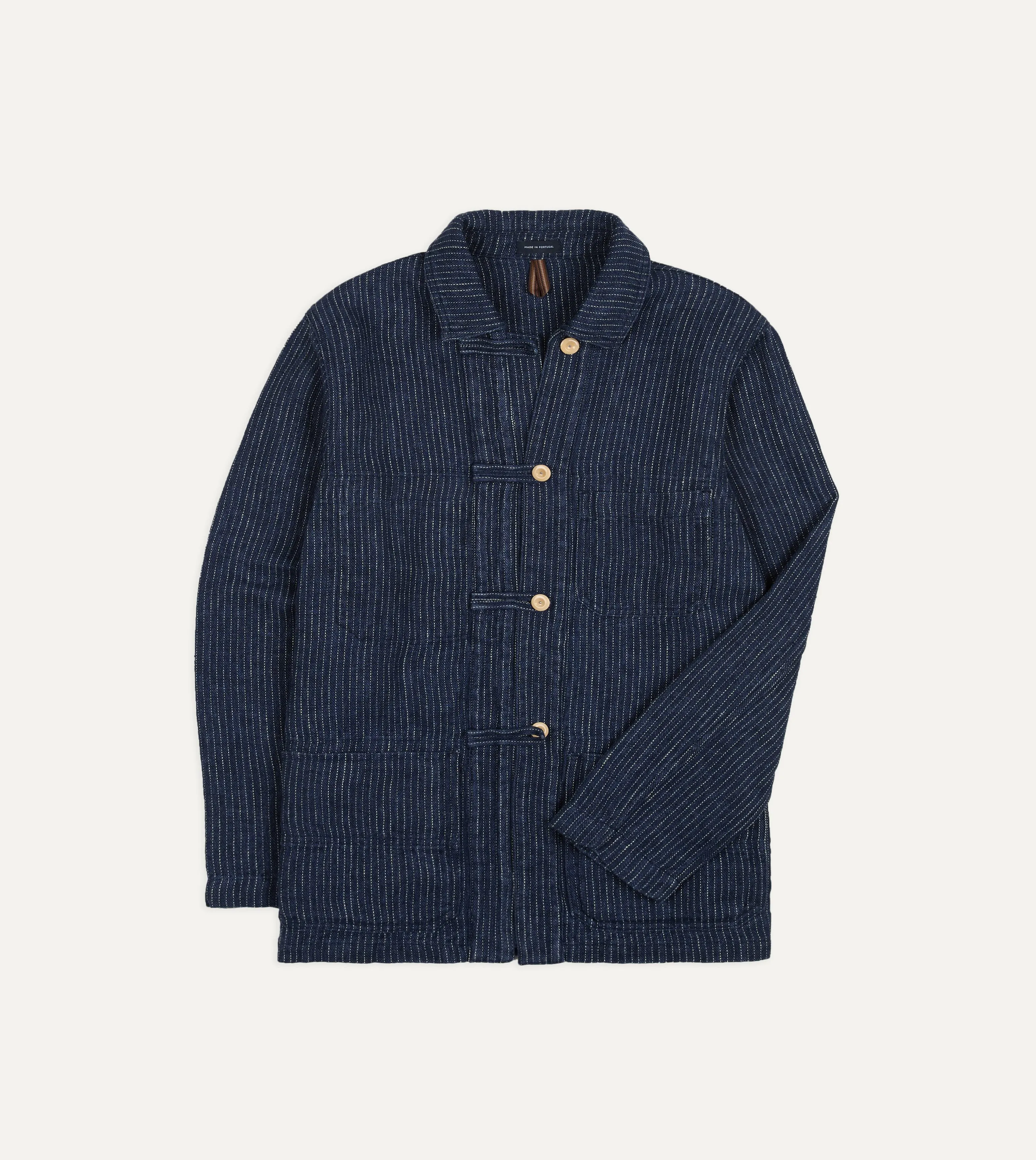 Indigo Stripe Linen Loop Button Chore Jacket sold by Drake's London product image thumbnail 2