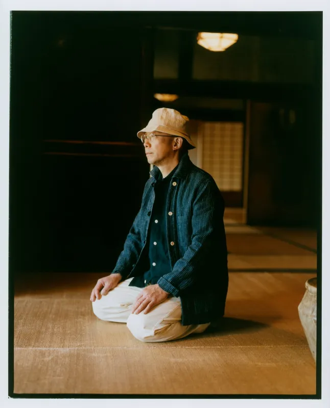 Indigo Stripe Linen Loop Button Chore Jacket made by Drake's London