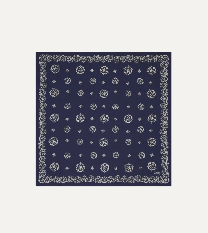 Indigo Flower Print Cotton Bandana made by Drake's London