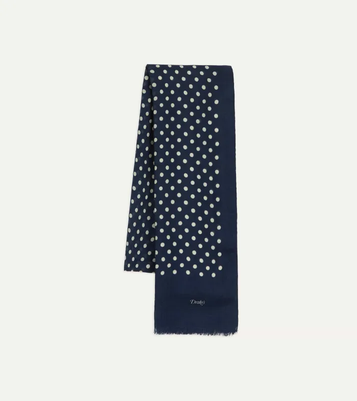 Navy Hand-Drawn Polka Dot Wool-Silk Scarf made by Drake's London