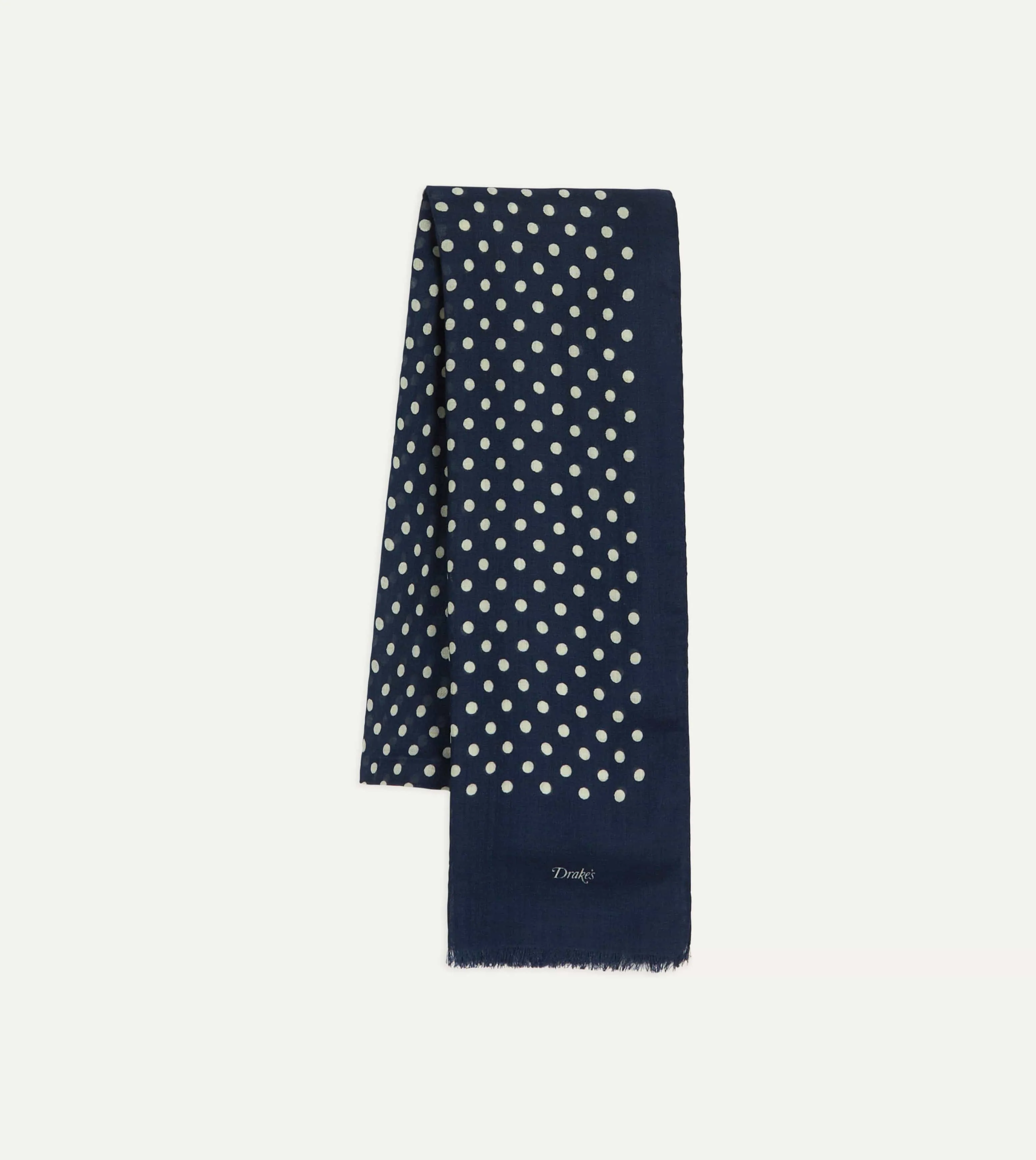 Navy Hand-Drawn Polka Dot Wool-Silk Scarf sold by Drake's London