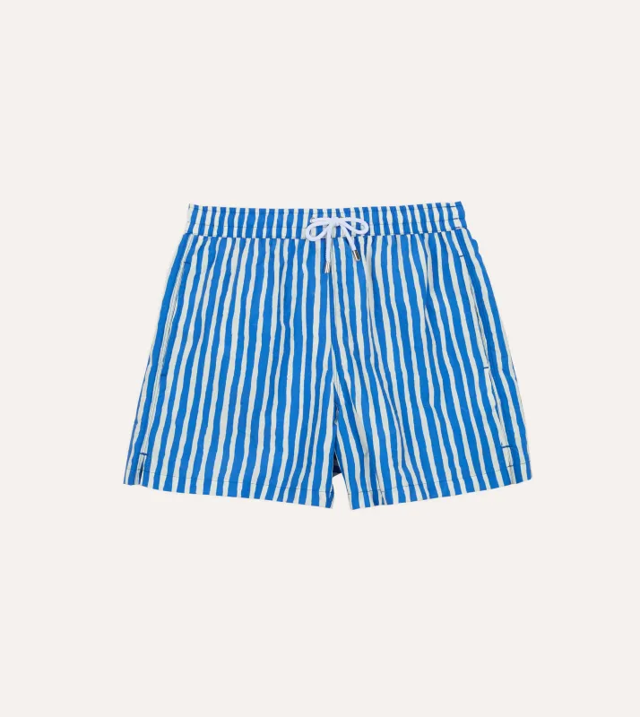 Blue Stripe Print Nylon Drawstring Swim Shorts made by Drake's London