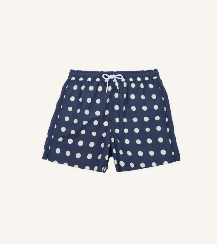 Navy Polka Dot Print Nylon Drawstring Swim Shorts made by Drake's London