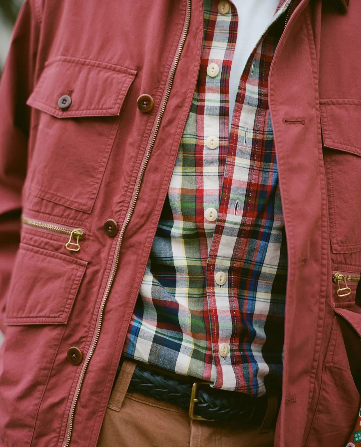 Navy and Red Check Cotton-Linen Two-Pocket Work Shirt sold by Drake's London