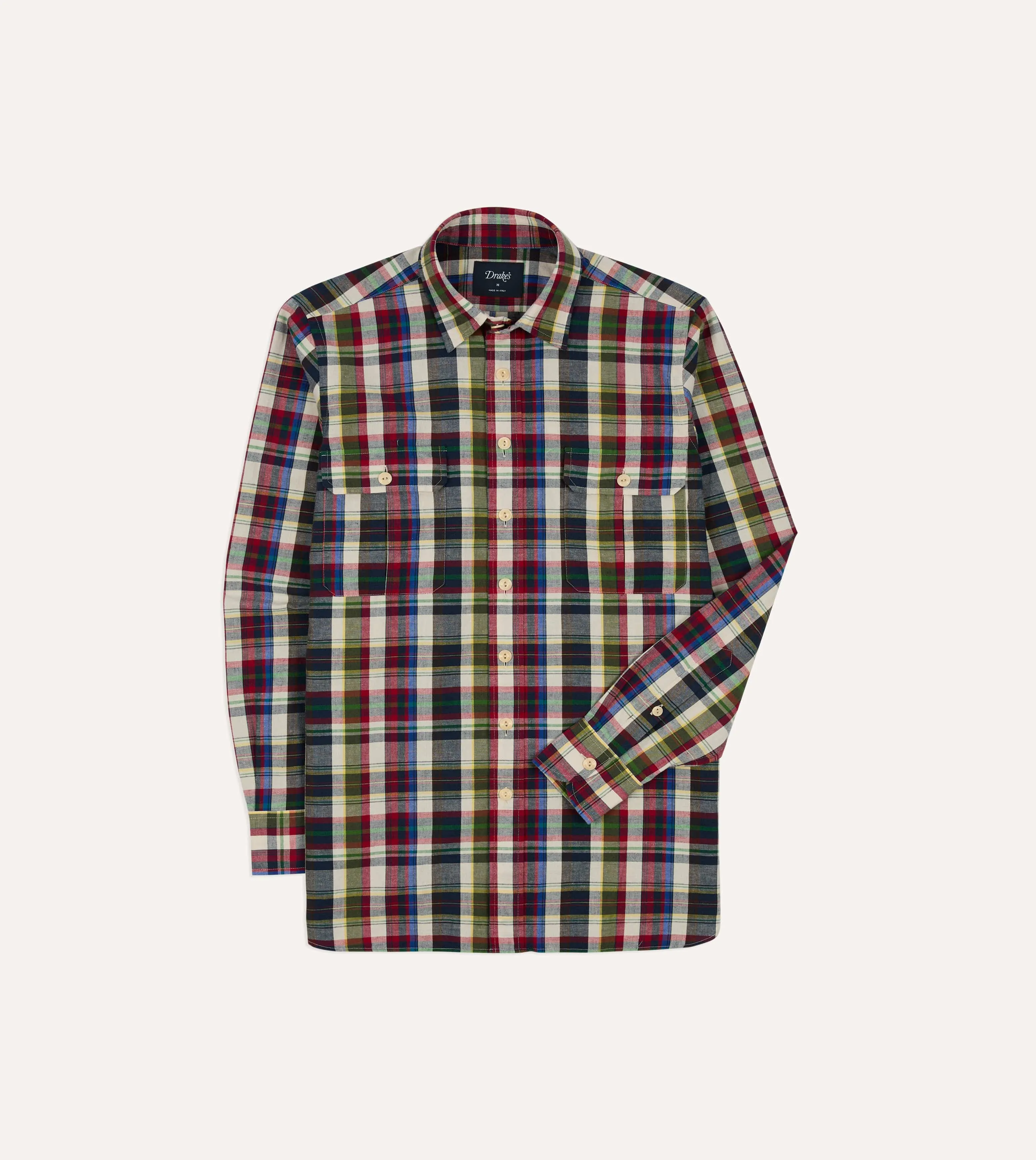 Navy and Red Check Cotton-Linen Two-Pocket Work Shirt sold by Drake's London product image thumbnail 2