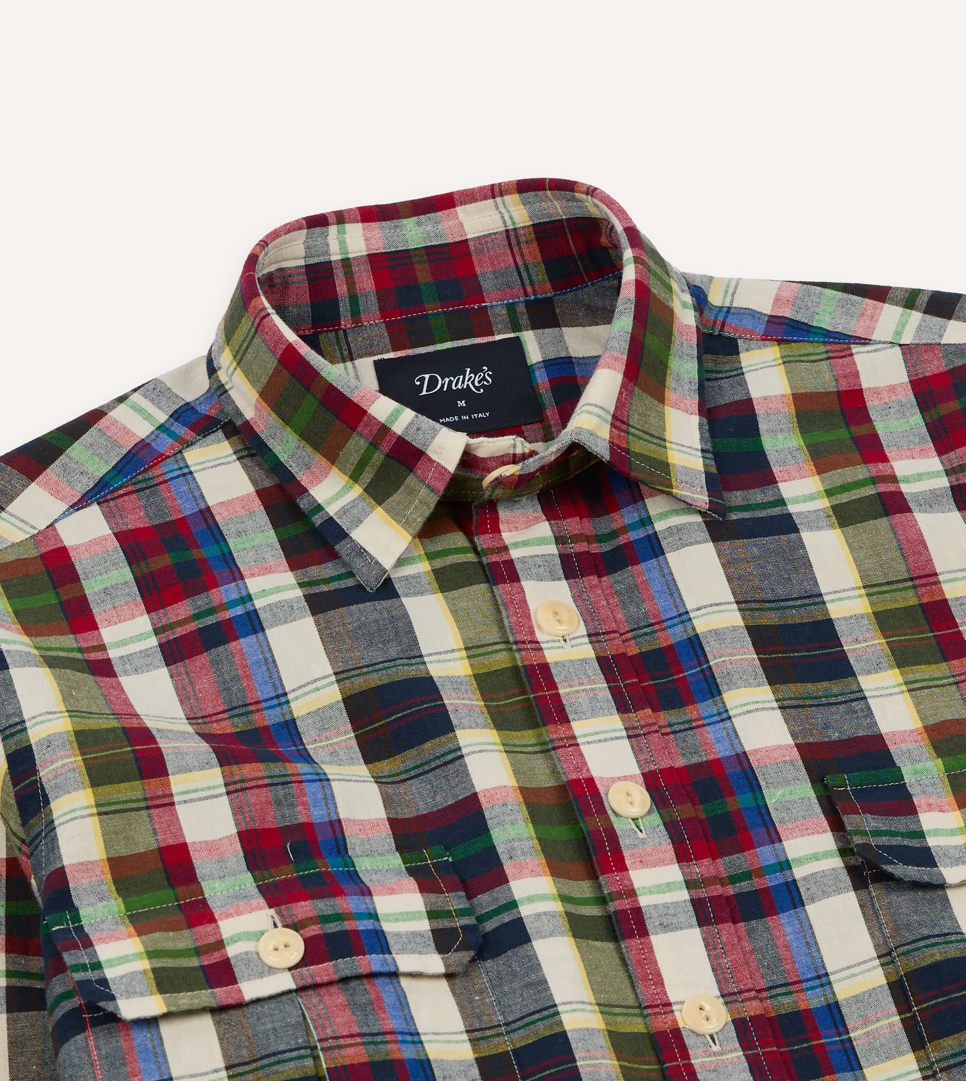 Navy and Red Check Cotton-Linen Two-Pocket Work Shirt sold by Drake's London product image thumbnail 4