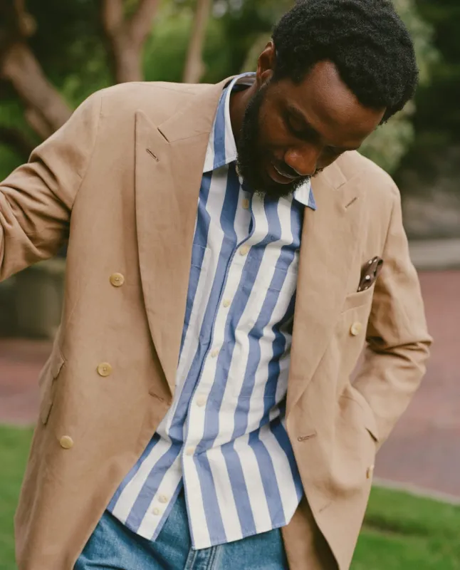 Blue and White Awning Stripe Cotton Long Point Collar Shirt made by Drake's London