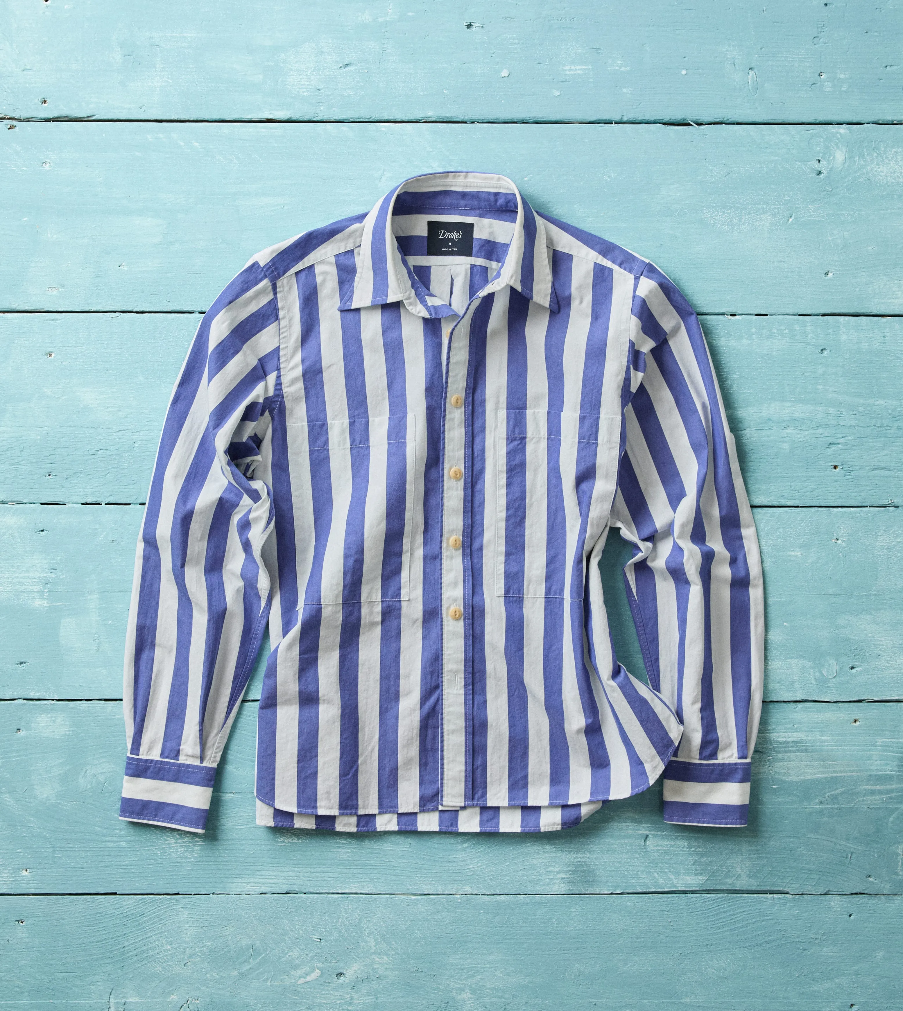 Blue and White Awning Stripe Cotton Long Point Collar Shirt sold by Drake's London product image thumbnail 2