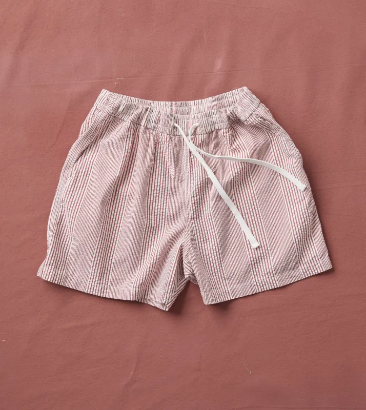 Red Stripe Seersucker Cotton Drawstring Shorts made by Drake's London